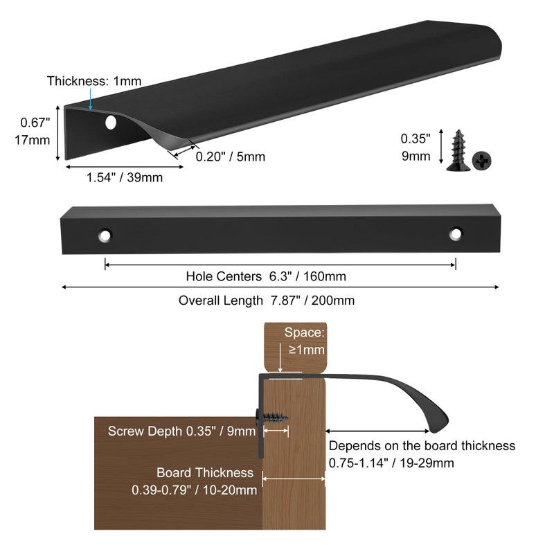 Malimali 5 Pack Black Finger Edge Pulls for Cabinets Wardrobes 7.87"" Drawer Pulls Kitchen Cabinet Handles Modern Aluminum Concealed Tab Pulls for Closet Door, Matte Black - Image 2